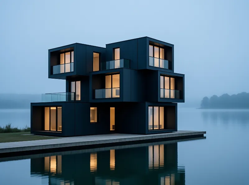 Modern stacked house with glowing windows sits on a concrete dock extending into calm blue water.