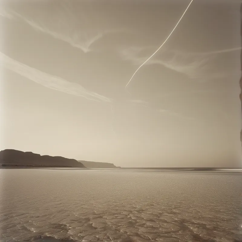 A calm reflective surface stretches toward dark mountains beneath a sepia sky marked by a bright diagonal streak.