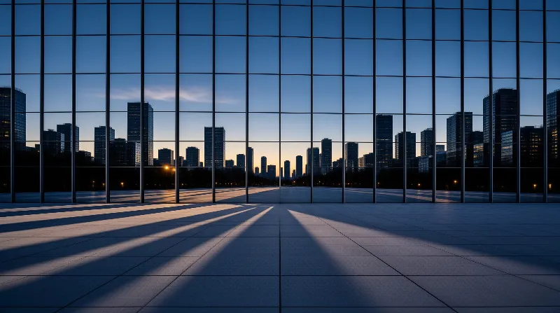 Glass facade of an office building frames city skyline at dusk, warm light streaks cover its empty polished tiled floor.