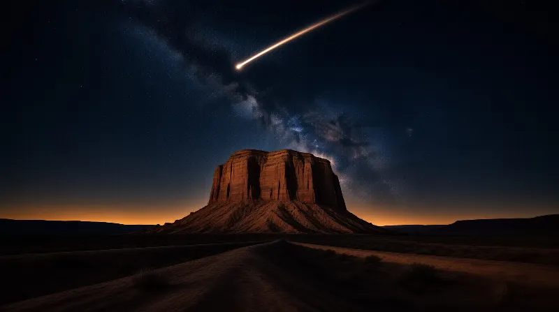 A glowing meteor trails across a starry Milky Way sky above an isolated red sandstone butte lit by a fading sunset.