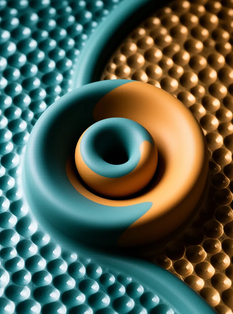Abstract 3D rendering of a teal and gold spiral wave resting on bumpy dimpled surfaces with soft lighting