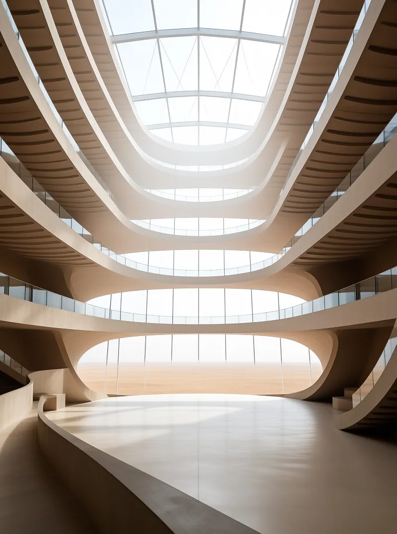 Interior view of a modern building with sweeping wooden platforms surrounding a central space flooded with natural light.