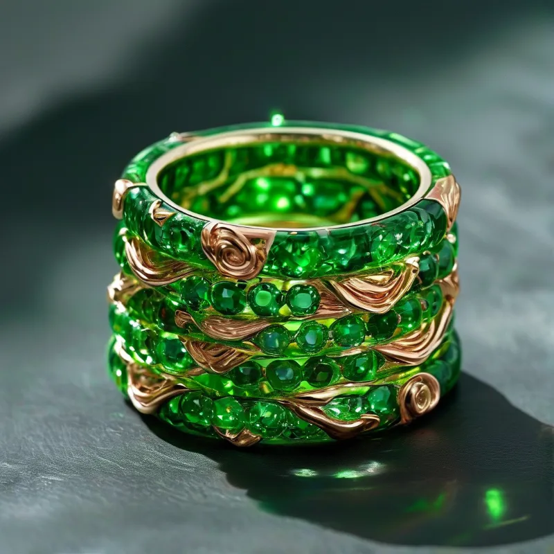 A wide emerald ring with gold floral designs sits on a dark reflective surface showing green highlights.