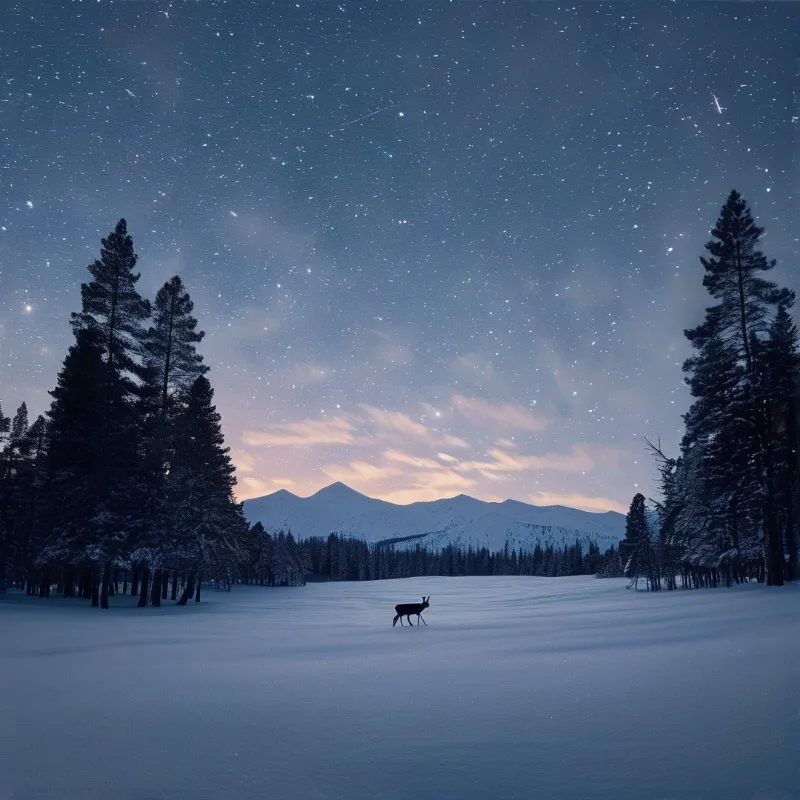 A dark deer silhouette stands in open snow beneath a starry sky with twilight colors on the horizon and pine trees.