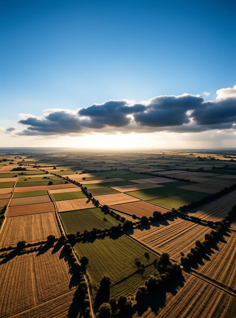High angle view of rectangular farm plots in golden hues with long tree shadows stretching across under clouds.