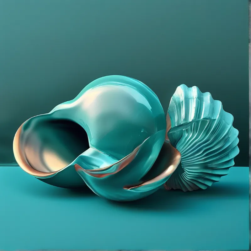 A stylized turquoise shell sculpture with pale copper edges sits on a flat matte teal surface under soft even studio light.