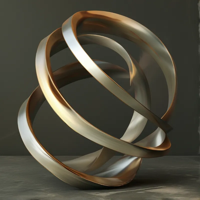 Polished bronze and silver abstract sculpture of intertwined loops rests on a dark textured surface against a dark background