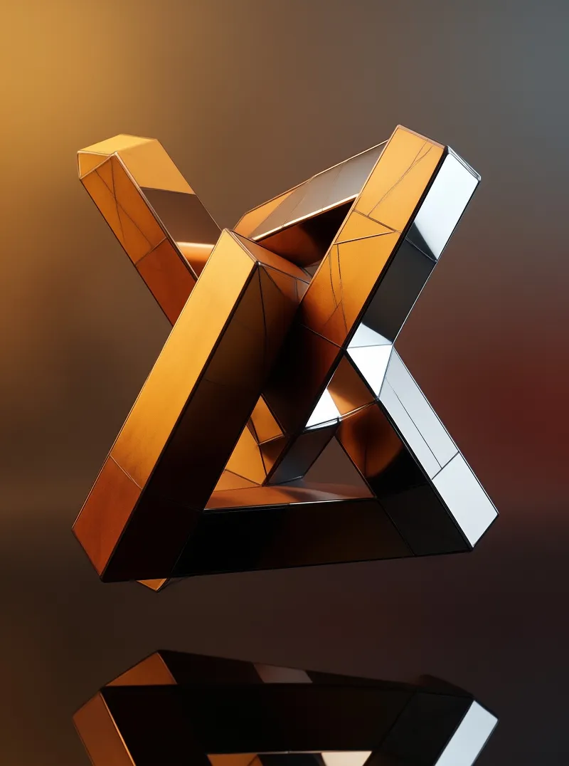 A faceted golden and silver impossible Penrose triangle floats above its dark reflective surface against a warm gradient background.