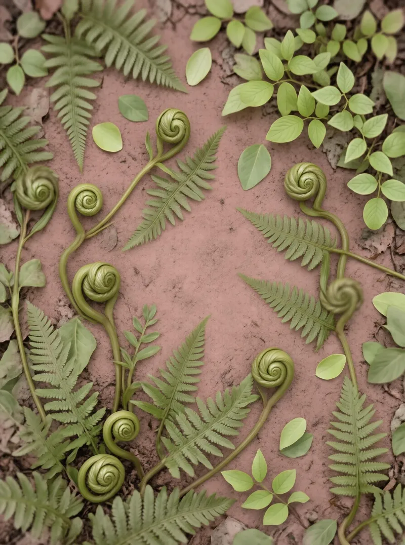 Young fern fiddleheads with unfurling fronds lie on reddish brown dirt, surrounded by various green leaves in a natural composition.