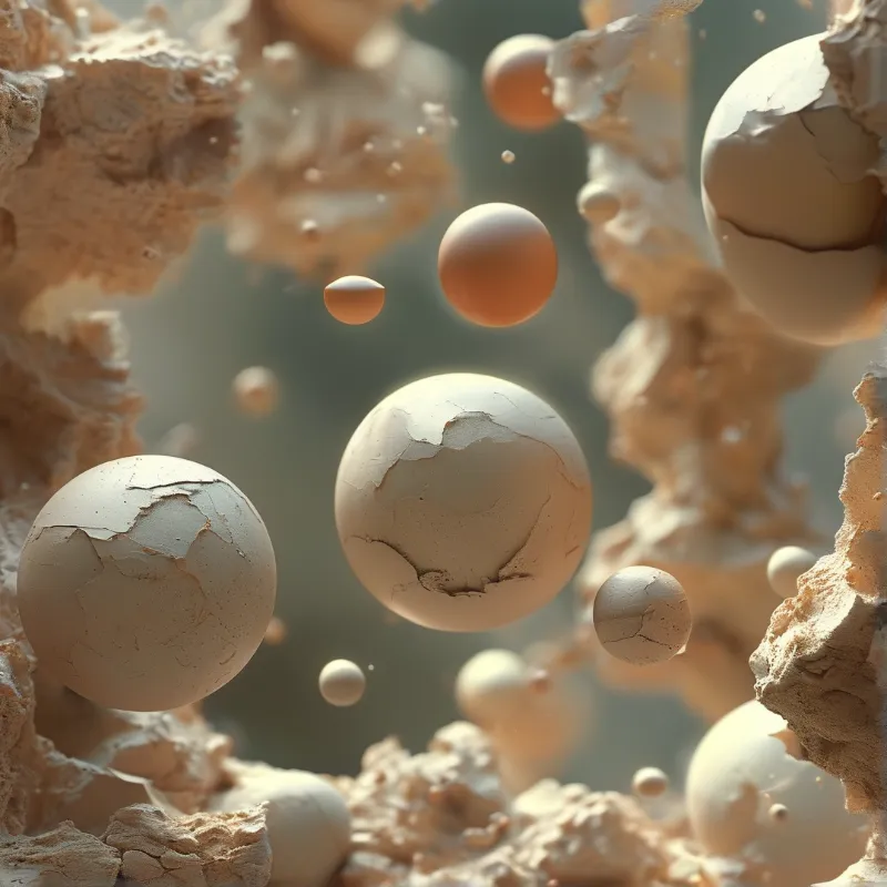 Cracked white spheres resembling eggs float amidst porous beige rock formations under soft warm lighting.