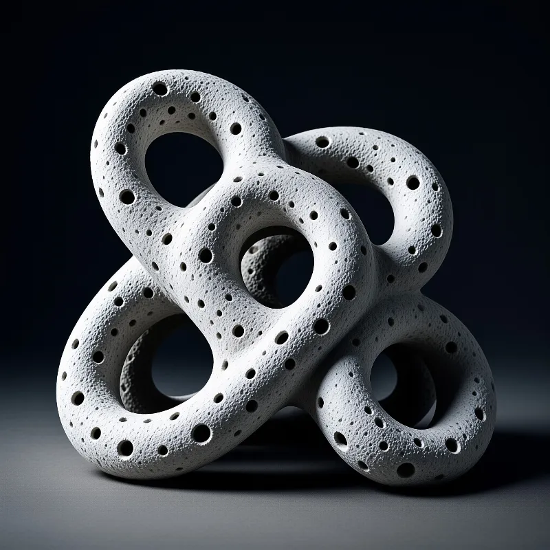 A white porous loop sculpture sits on a grey surface with dramatic lighting highlighting its textured holes and curves.