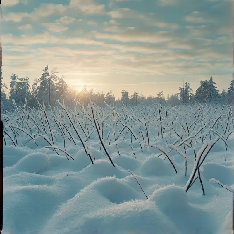 Delicate branches arch out of deep snowdrifts while low sun warms a pale cloudy sky above a frosted pine line.