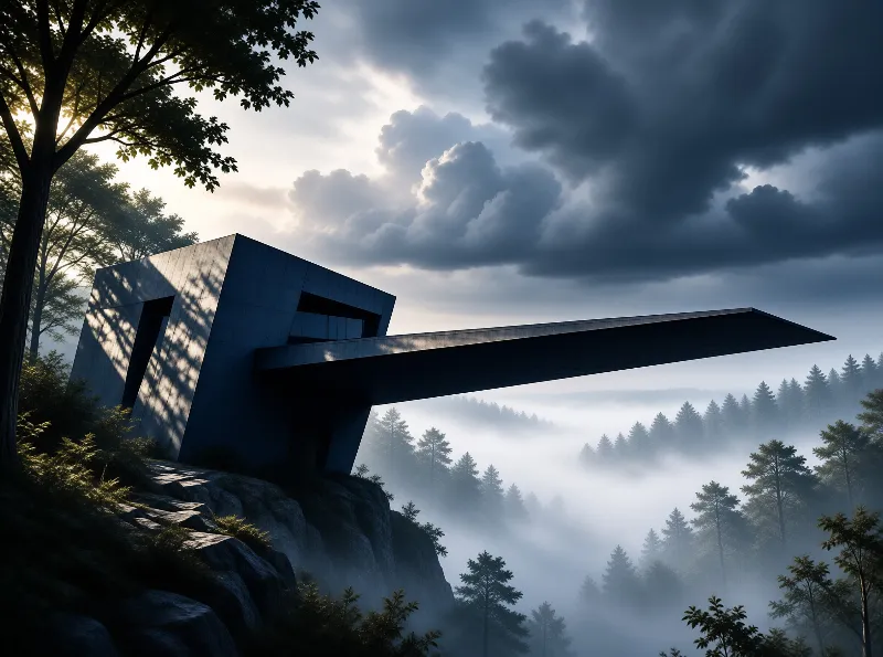 Angular concrete architecture extends over a cliff edge amidst a forest shrouded in low hanging mist and dramatic clouds.