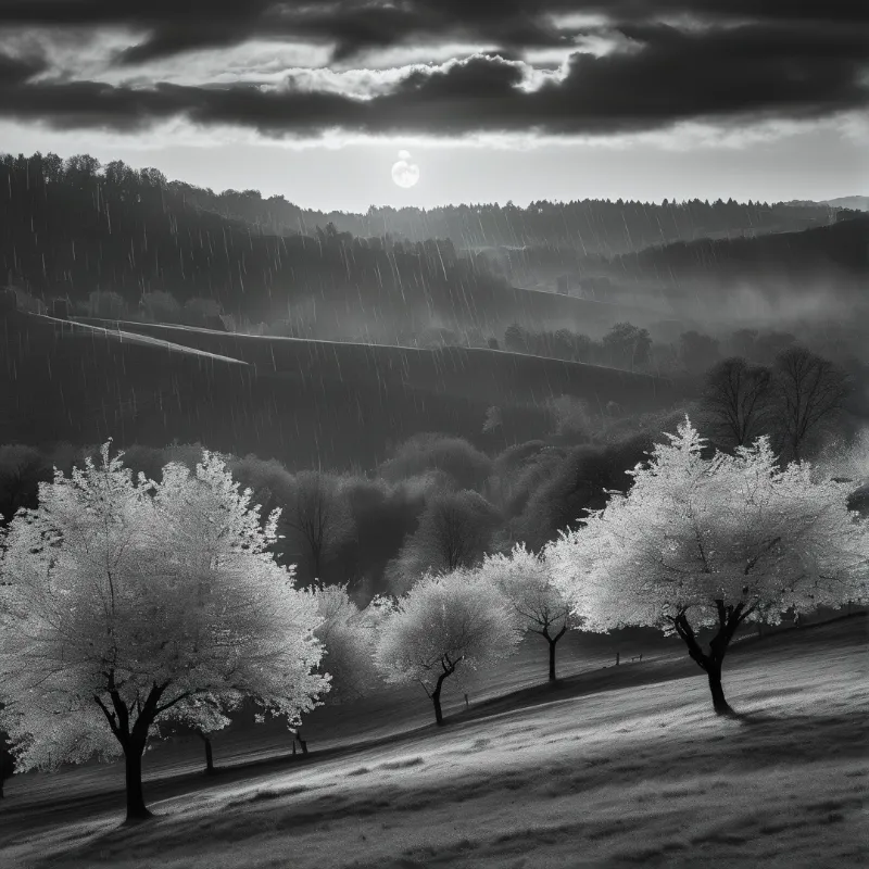 White blossom trees stand on a slope below dark hills where the sun shines through clouds and vertical light streaks.