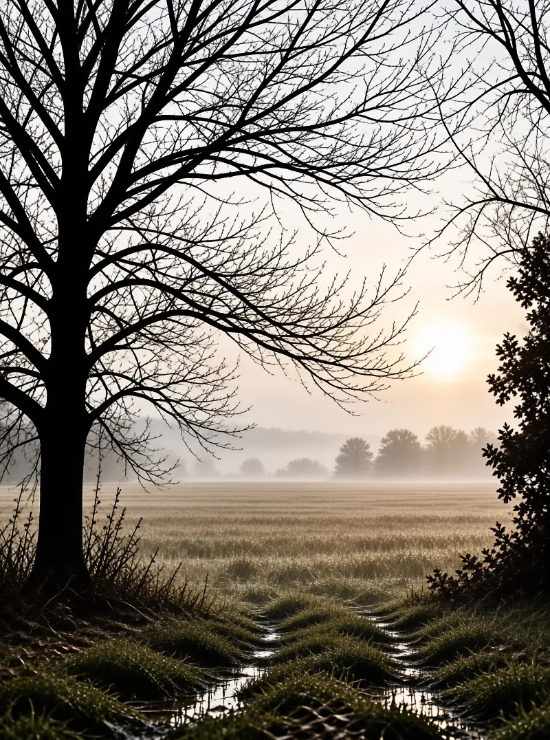 A dark tree silhouette dominates the left foreground while golden light breaks through fog over a flat field.