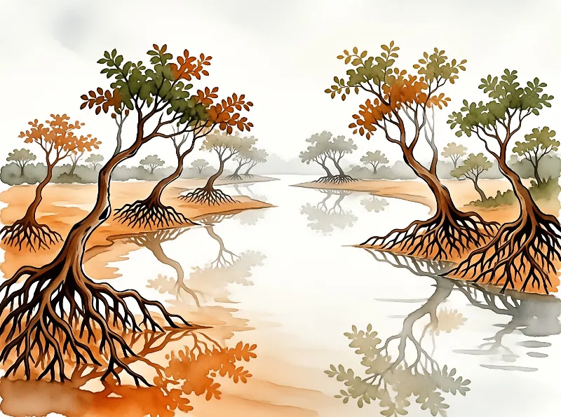 Watercolor trees with exposed roots grow along a calm river, warm autumn colors reflected in still water under soft light.