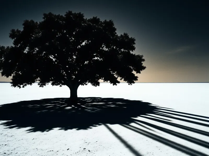 Silhouetted tree stands on white salt flat under twilight sky with elongated shadow stretching across the ground.