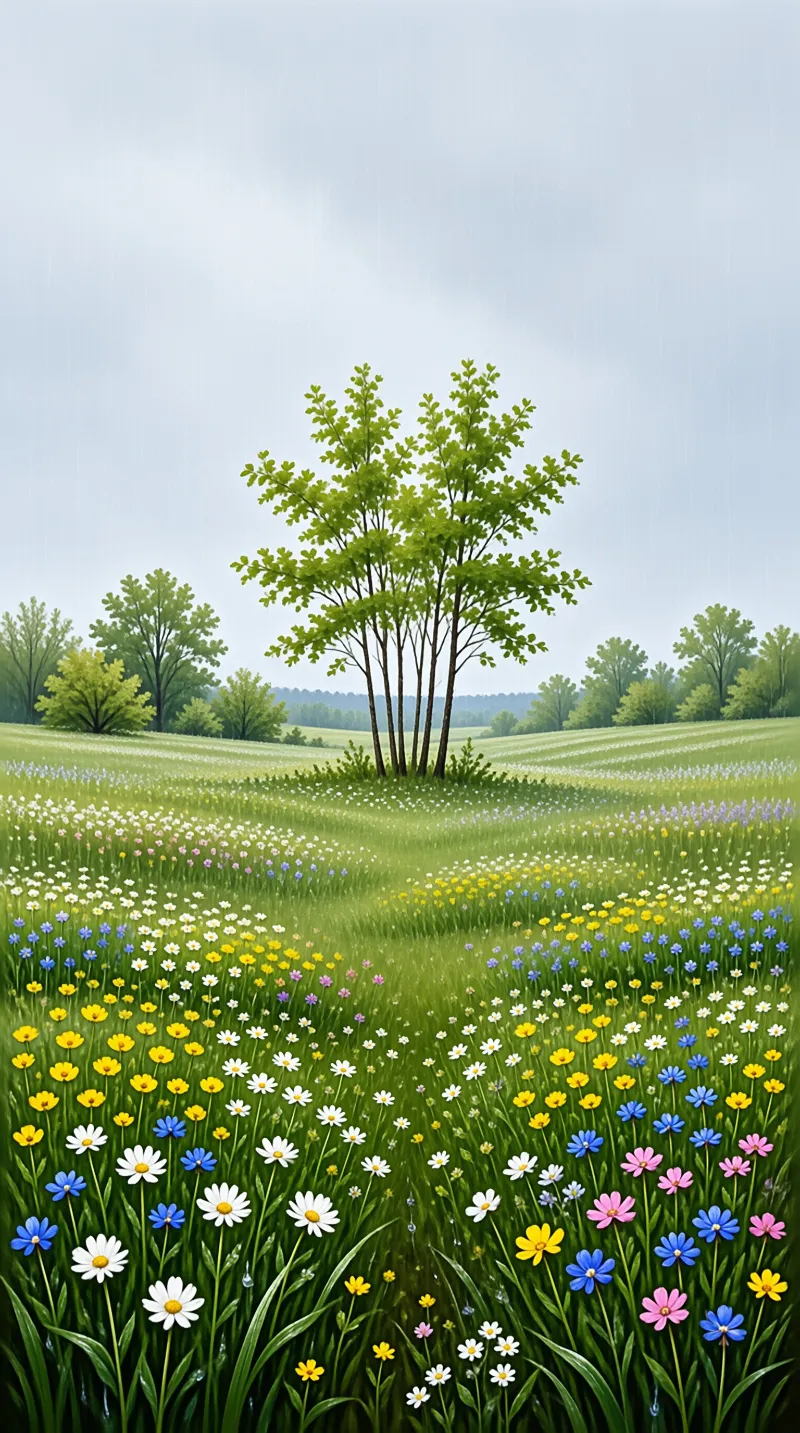 A vibrant meadow bursting with white, yellow, and blue wildflowers beneath a soft overcast sky.