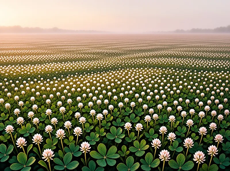 Thousands of pale pink flower heads dot a green meadow that fades into soft peach coloured morning fog.