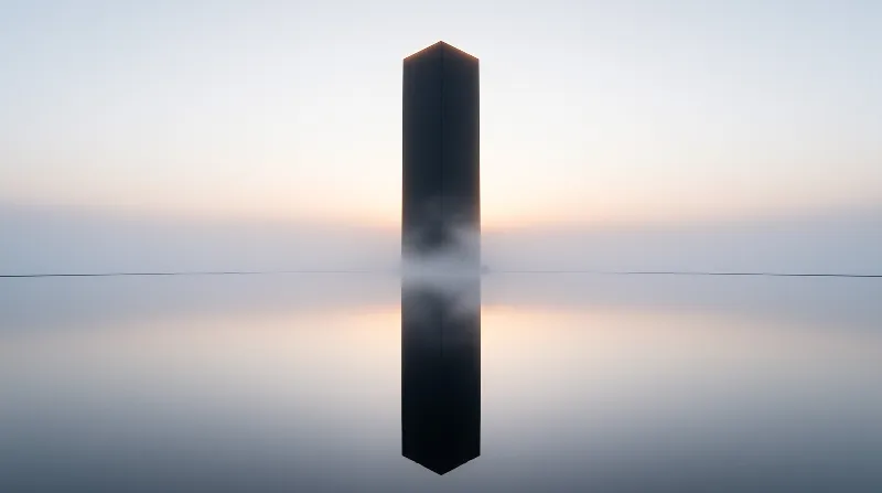 A tall dark monolithic pillar rises from a misty still reflective salt lake, with warm pale sunrise light behind it.
