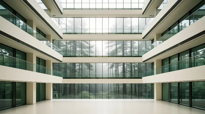 A multi-story building atrium with large glass facades framing a misty forest view through layered balconies and white floors.