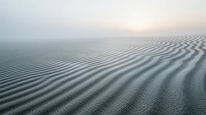 Vast fields of rippled desert sand disappear into thick fog near a pale luminous horizon.