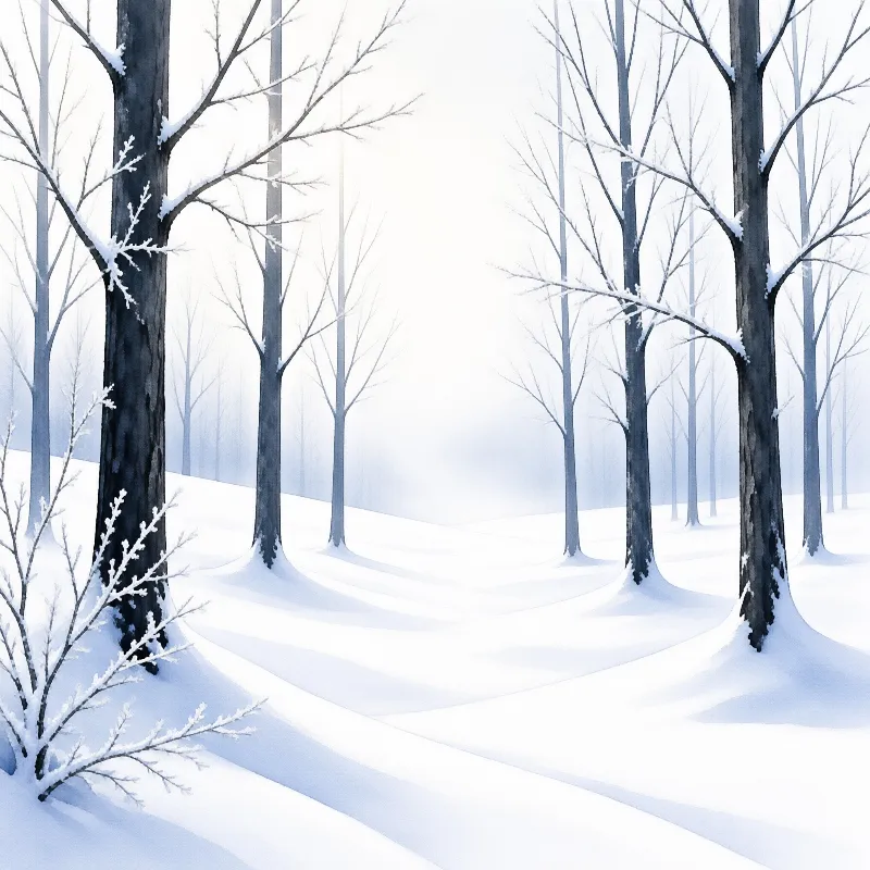 Slender dark trunks break through a white snowslope in soft fog, a minimalist winter forest in pale blue and grey.