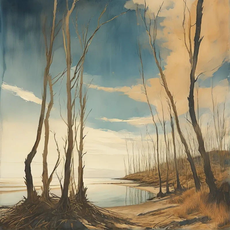 Trees without leaves line a shore beside calm water under a blue sky with warm clouds on the right.