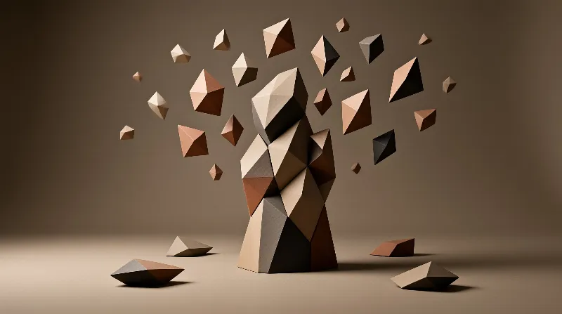 Abstract three dimensional tree of brown polygons stands against neutral studio background with soft lighting.
