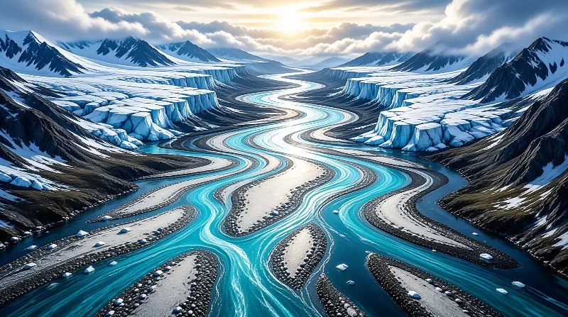 Multiple turquoise braided river channels snake between snow-capped mountains and tundra cliffs under a soft warm sunrise sky.