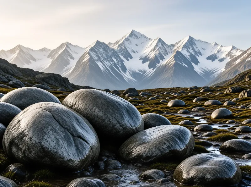 Large smooth grey boulders sit in the foreground of a grassy alpine meadow while a range of sharp snow-covered mountain peaks rises majestically in the background under soft daylight.