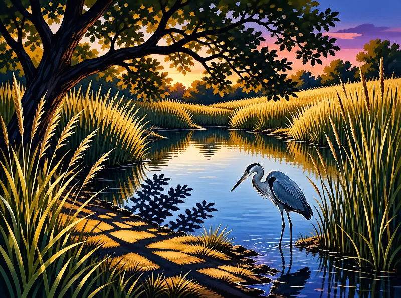 A grey heron wades through shallow water beside golden reeds while a tree casts shadows across the pond surface.