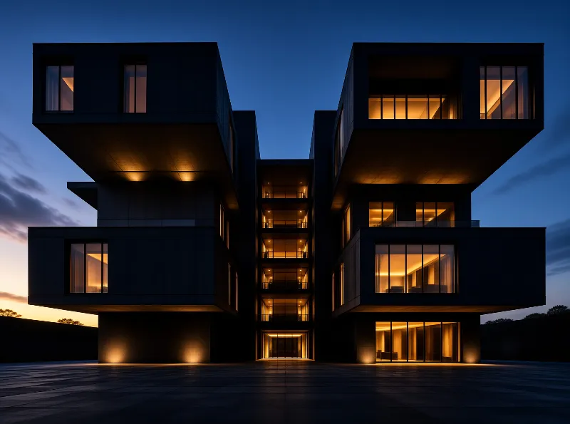A dark contemporary house of stacked cantilevered boxes, its many windows glowing amber against a deep blue evening sky.