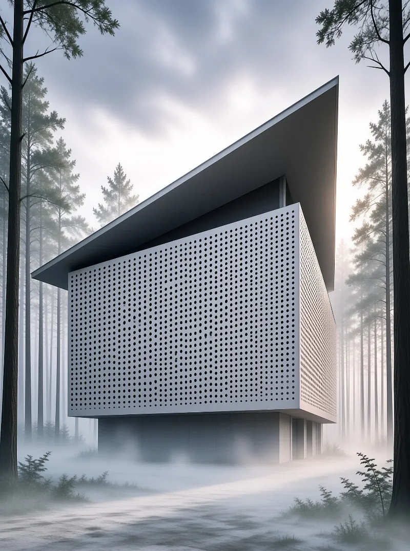 A white building with a perforated facade stands elevated above the foggy ground of a dense woodland in soft light.
