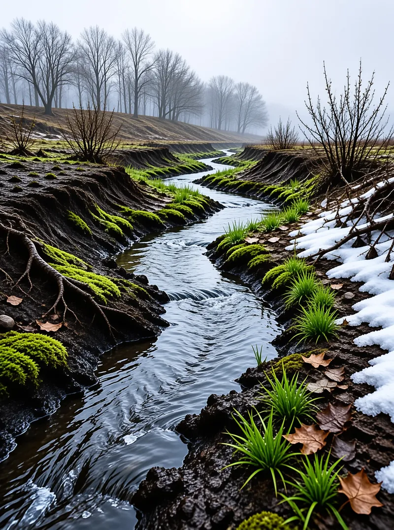Misty Stream in Early Spring