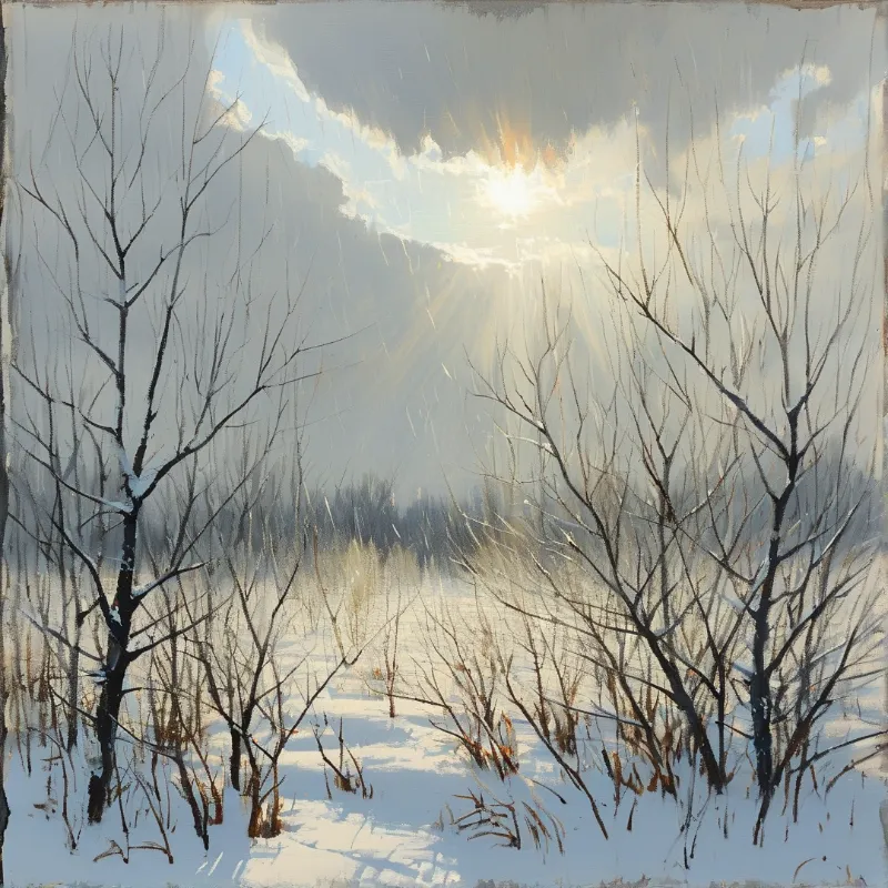 Bare winter trees line a snow covered field while bright sun rays pierce through the cloudy sky in the distance.