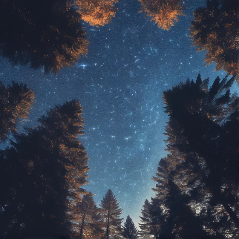 Tall evergreen trees frame a deep blue night sky scattered with bright stars and faint nebulae in a worm's eye view.