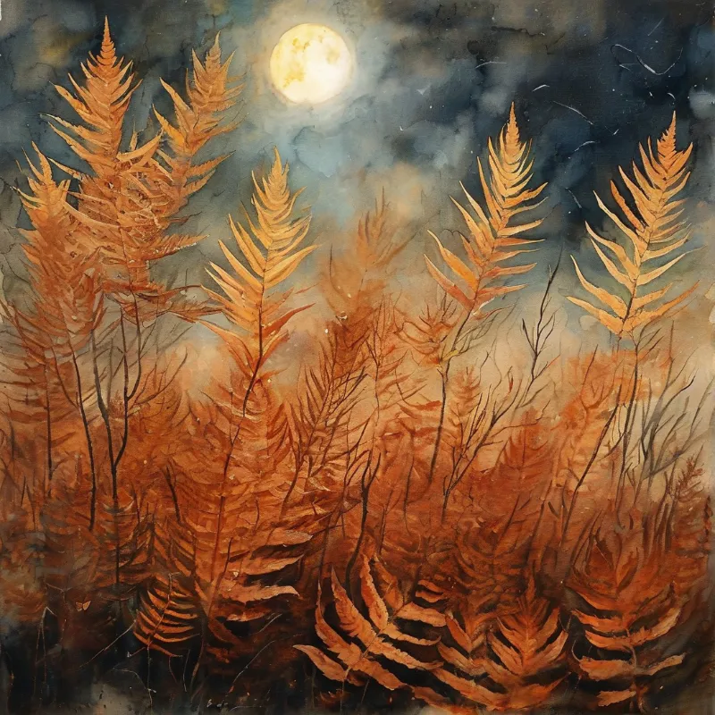Burnt orange fronds rise through a smoky blue night sky lit by a soft glowing full moon near the top edge.