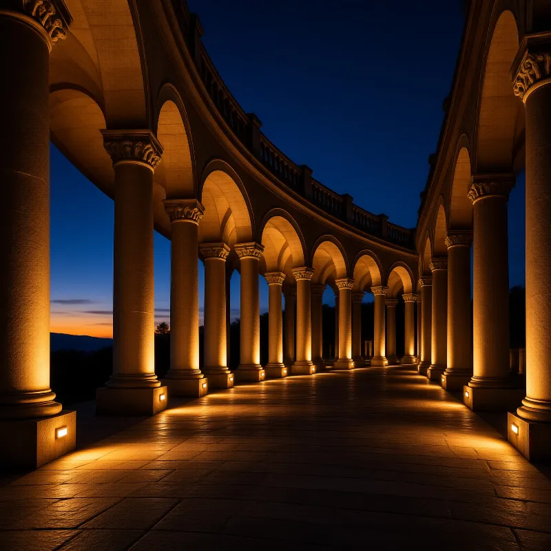 A long series of stone columns and arches stands illuminated by warm lights against a dark blue twilight sky.