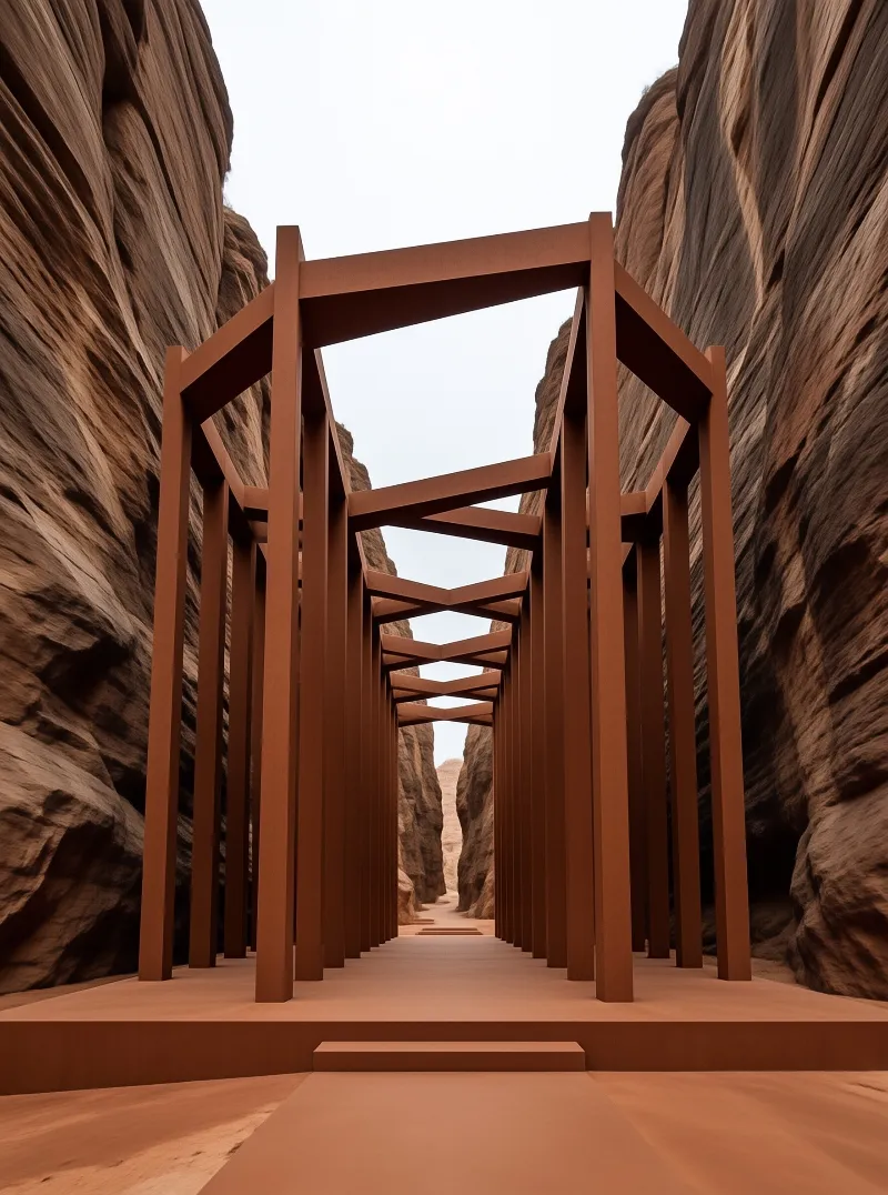Rust-colored rectangular beams form a geometric corridor leading through a narrow rocky canyon under an overcast sky.