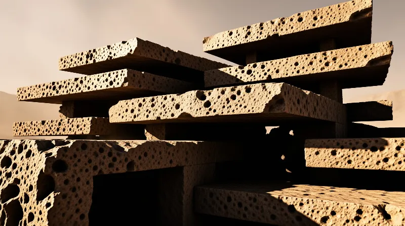 Stacked porous stone slabs in a desert setting with warm sunlight casting deep shadows on textured surfaces