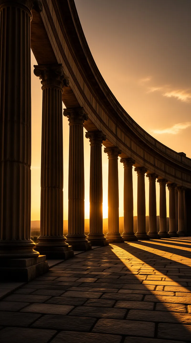 A curved row of tall stone columns stands against a bright orange sky while long shadows stretch across the paved ground.