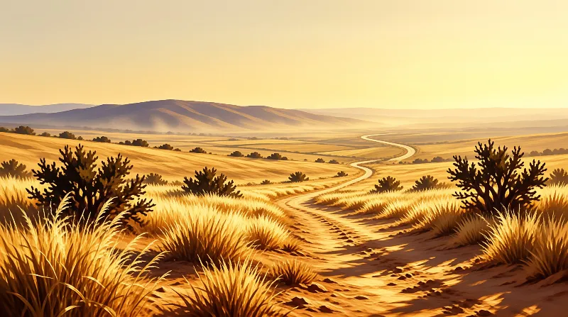 A curving unpaved path cuts through a vast amber grassy landscape with distant rolling hills at golden hour