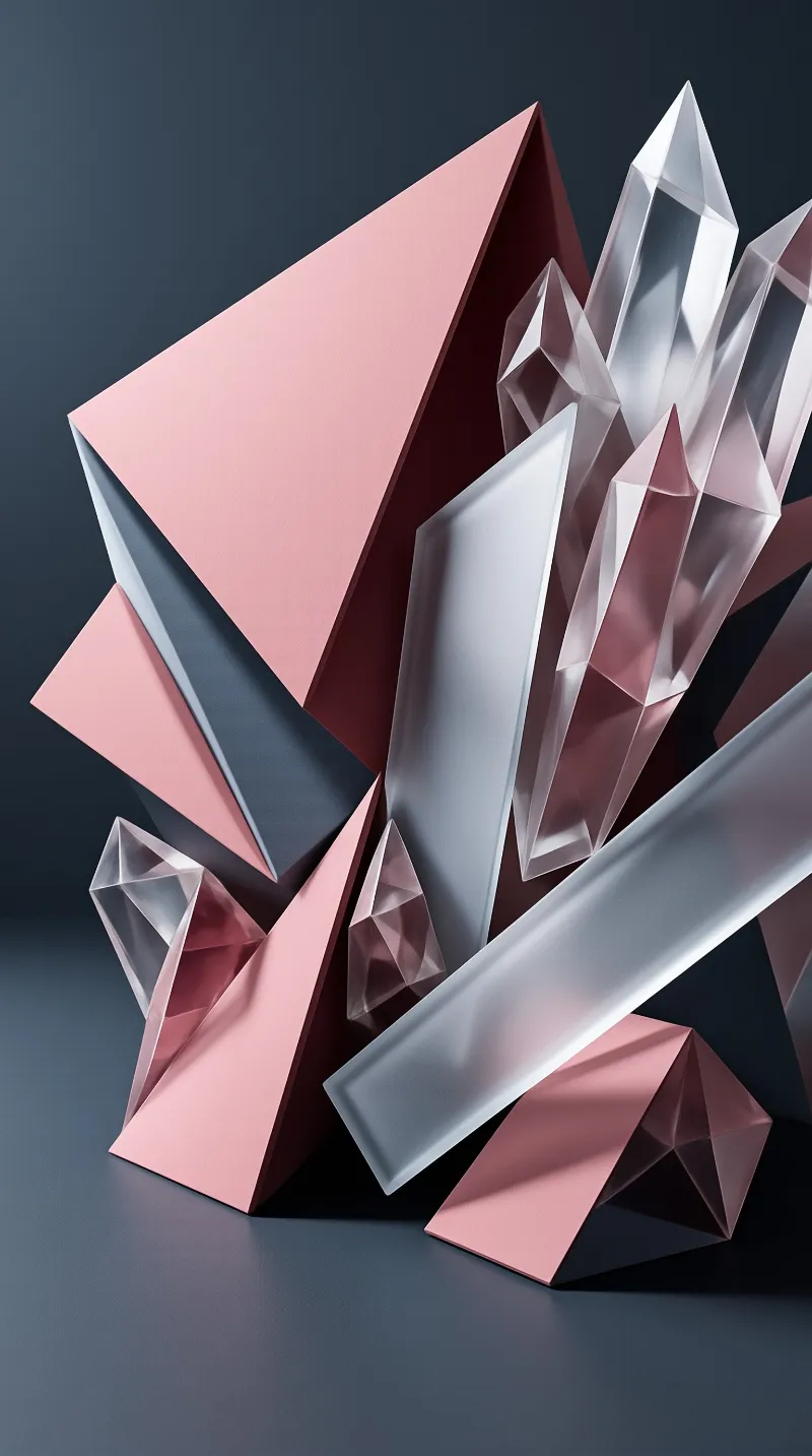 Geometric pink and grey prisms arranged on a matte charcoal surface creating sharp shadows.