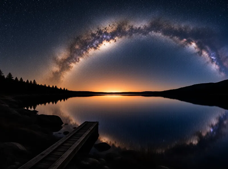 A wooden dock extends into a calm lake at night while the Milky Way arches across the starry sky above silhouetted trees.
