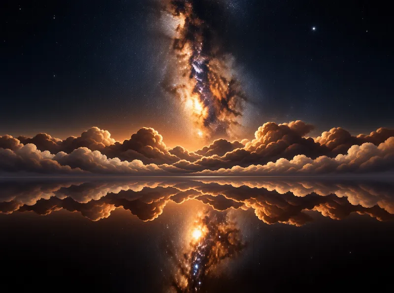 Bright orange clouds and the galaxy arch above a horizon where the water mirrors the celestial display perfectly.