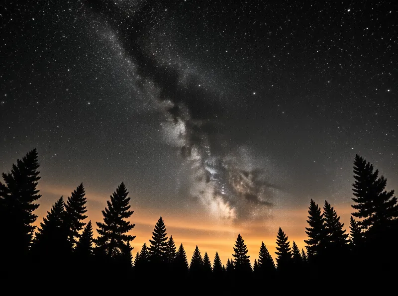 A vast starry sky features the Milky Way above dark pine tree silhouettes near a glowing orange horizon.
