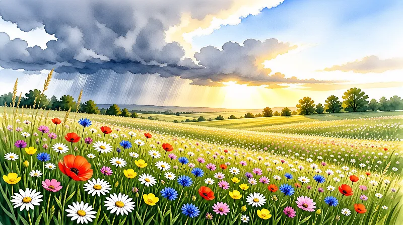 A vibrant meadow of daisies and poppies stretches toward a horizon where dark rain clouds meet bright golden sunlight.