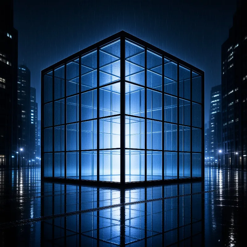 Glowing Cube in Rainy City