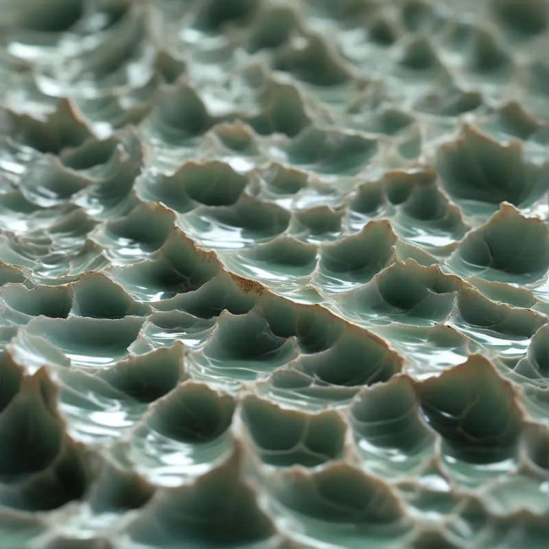 Glossy teal cellular surface features undulating ridges with brown edges reflecting soft diffuse light.